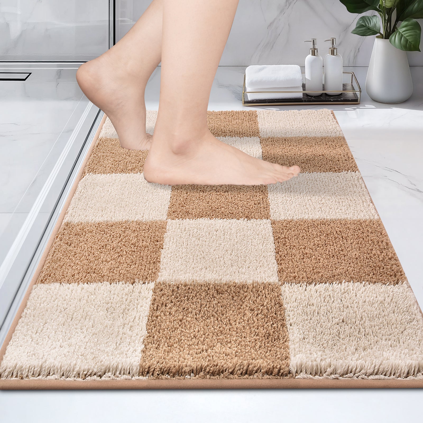 Machine Washable Checkered Super Absorbent Bath Rug